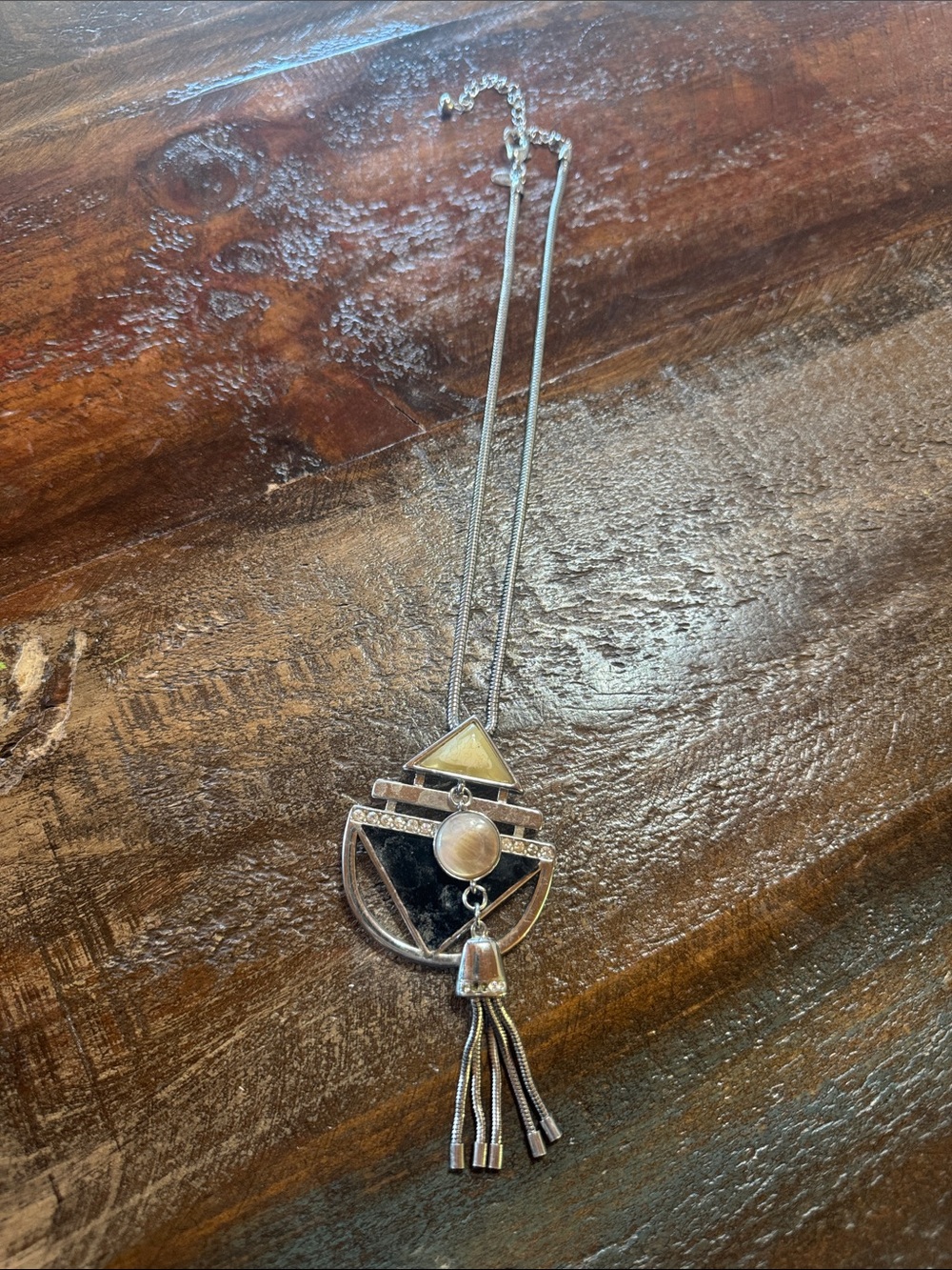 Silver-Tone Geometric Pendant Necklace with Cream and Black Accents